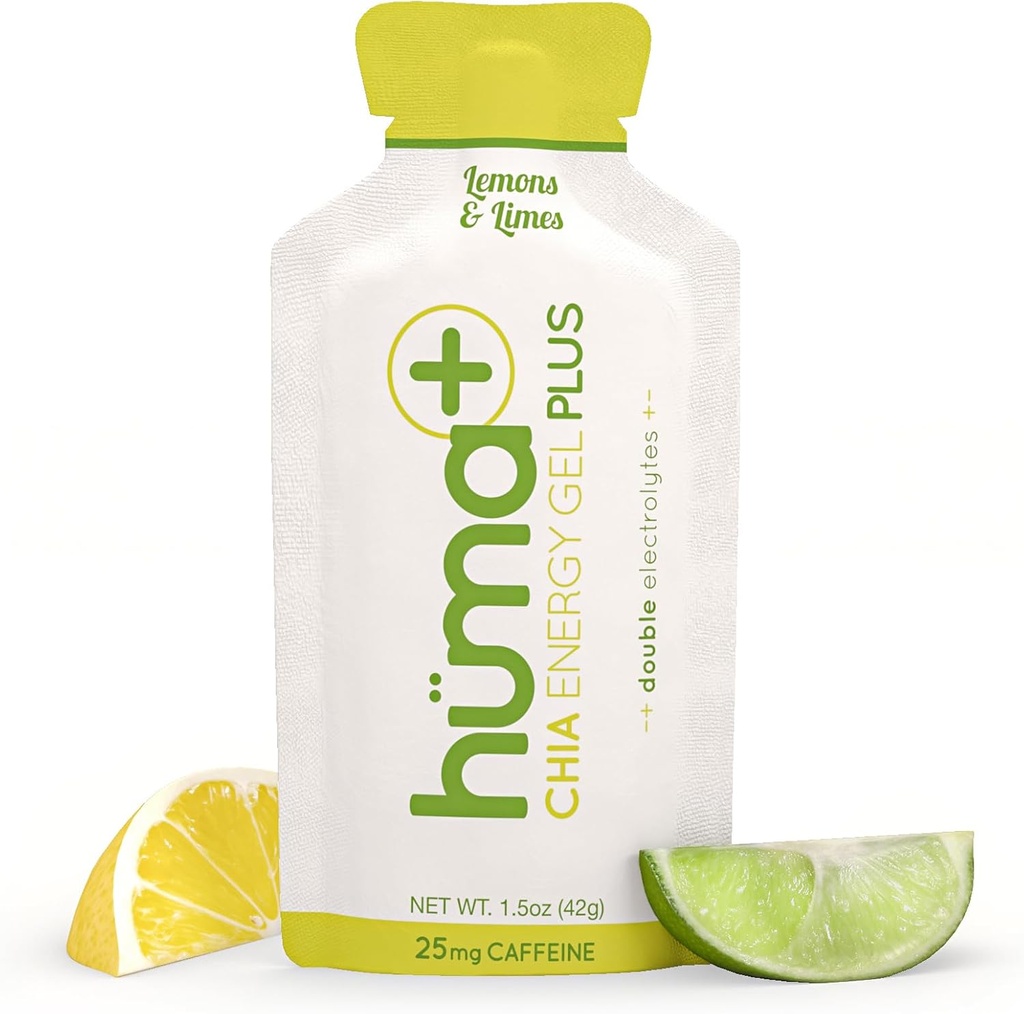 Huma Plus (Dubbele Elektrolyten) - Chia Energy Gel, Lemon Lime, 12 Gels, 25mg Cafeïne - Maagvriendelijk, Real Food Energy Gels