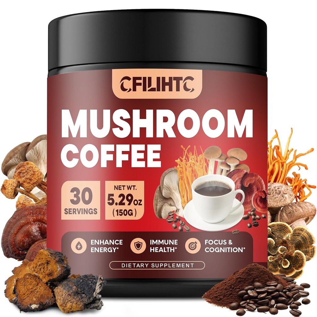 Café de Champignon - Poudre de Champignon Colombien Café instantané avec Lion's Mane, Reishi, Chaga, Cordyceps & More - 150g Café de Champignon Alternative pour l'énergie, Focus, la clarté mentale et le soutien immunitaire