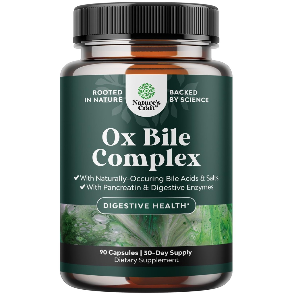 Digestive Enzymes with Ox Bile - Ox Bile Supplements for No Gallbladder with Trypsin, Papain & Bromelain Enzyme for Pancrease Cleanse & Detox - Pancreatin Digestion Enzymes for Women & Men - 90 Ct