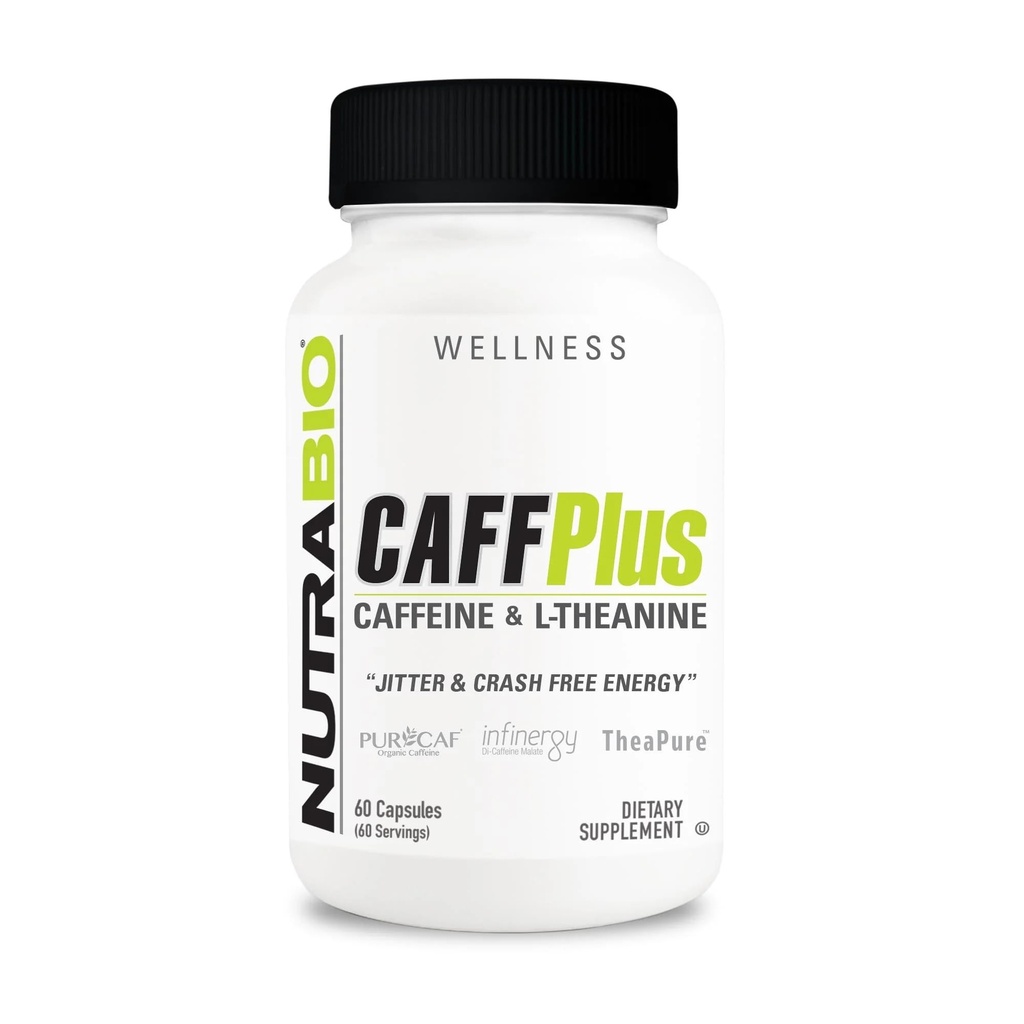 NutraBio CaffPlus, Dual Source Caffeine with Theanine for Healthy Energy Boost - 60 Vegetable Capsules