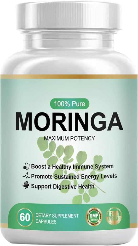 Pure Organic Moringa Powder Capsules - Moringa Supplement for Women and Men - Nature's Multivitamine, Vegan Green, Glutenvrije, Niet GGO - Energie, Huid, Metabolisme, Gut & Immuun Ondersteuning - 60 Capsules