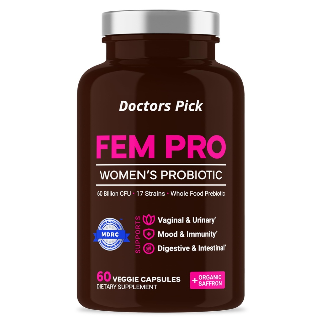 Fem Pro Probiotica voor vrouwen. 17 Klinisch effectieve strepen voor vaginale, spijsverterings- en immuunondersteuning, urinetrek gezondheid, pH-balans en Mood. 60 Veggie Capsules, 2 maanden levering