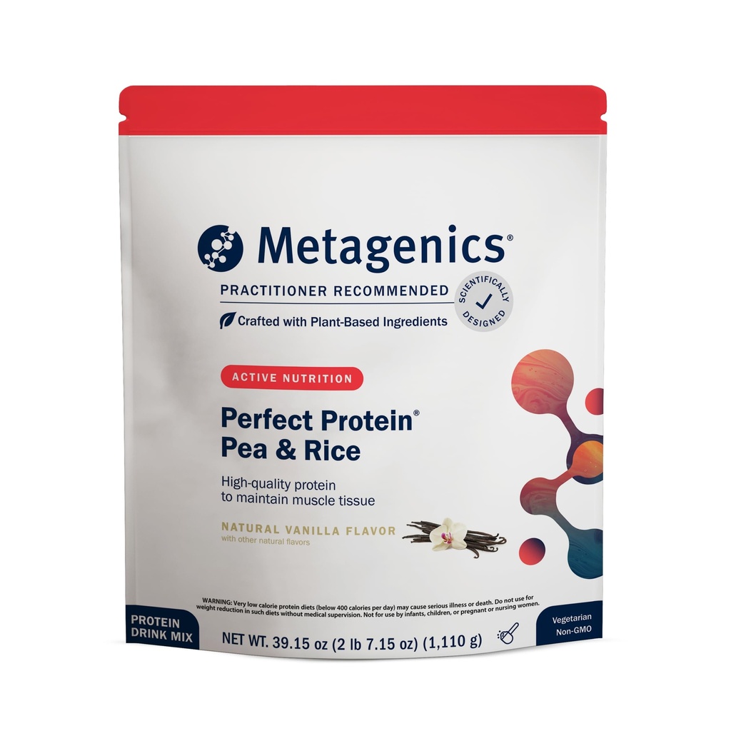 Métagène Perfect Protein Pea & Riz - Poudre végétale de protéines avec 20g de protéines et 3,5g de BCAA - Soutient la croissance et la récupération musculaires - Non-OGM, sans gluten, sans lait - Vanille - 30 portions