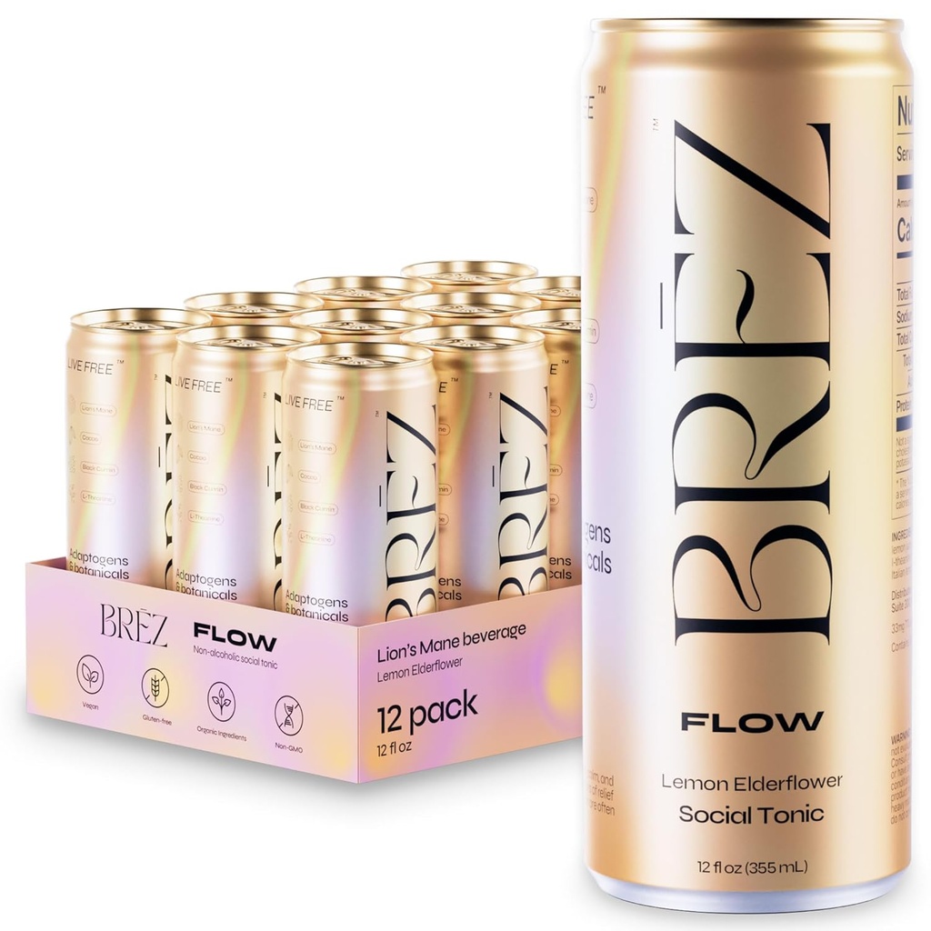 BREZ FLOW Lion’s Mane Mushroom Drink,12-Pack, Non-Infused, Adaptogens, Relieving, Uplifting, and Social, Sparkling Lemon Elderflower Tonic 12 Fl oz