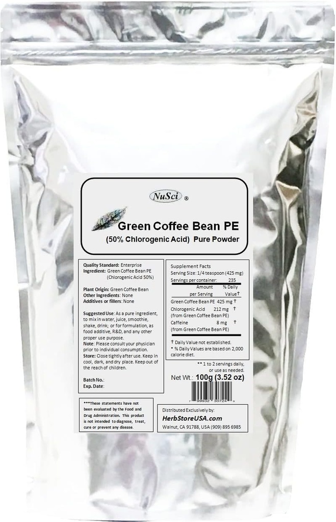 Green Coffee Bean Extract Powder, gestandaardiseerd 50% Chlorogeen zuur (100 Gram (3.52 oz))