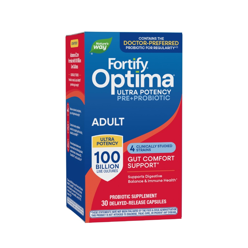 Nature's Way Fortify Optima Probiotic for Adults, 100 Billion Live Cultures, 15 Strains, Supports Digestive and Immune Health*, Plant-Based Prebiotic Fiber, 30 Capsules (Packaging May Vary)