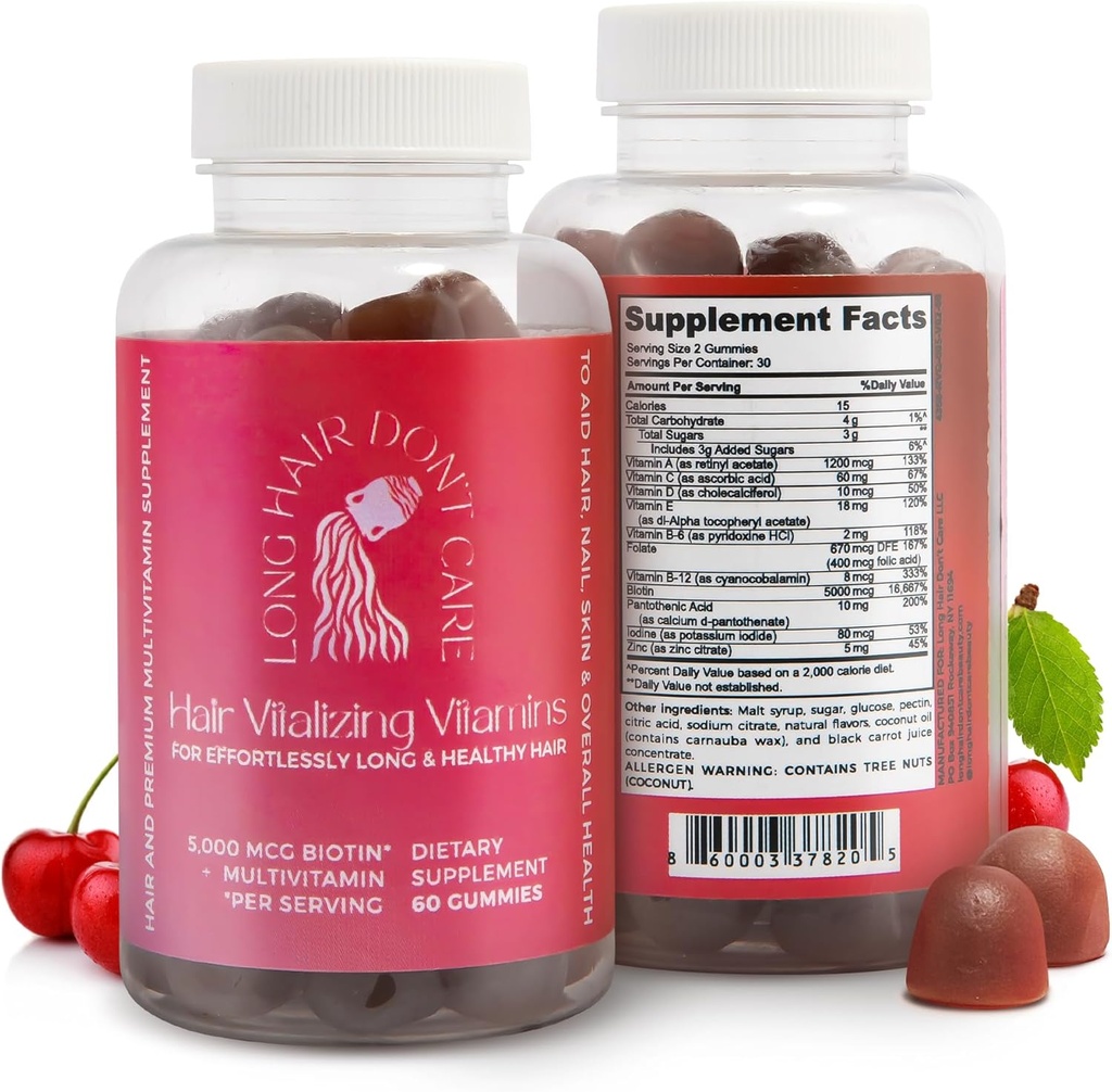 Long Hair Don't Care Haar vitaliserende vitamines, haarhuid en nagels Vitaminen, Vitaminen voor vrouwen en mannen, Pantothenic Acid, Folic Acid & Biotin Gummies, Non-GMO Haarvitaminen, 60 Gummy Vitaminen