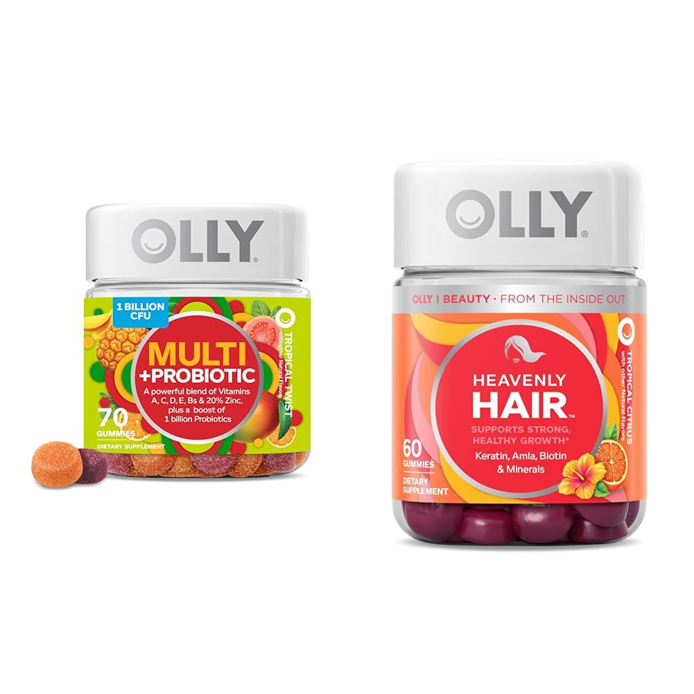 OLLY Multi + Probiotique adulte multivitamine Gummy, 1 milliard UFC, soutien digestif et immunitaire et Gummy aux cheveux célestes, soutient cheveux sains, kératine, biotine, AMLA, supplément à croquer, 30 jours