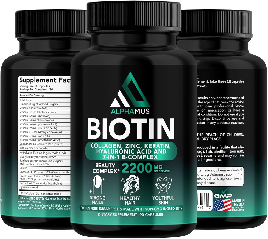 Biotine en Collageen Supplementen met Keratine - Biotine 5000mcg Capsules voor haargroei, gezonde huid & Nails - Geoptimaliseerde Blend van Hyaluronzuur & vitamine-B Complex voor vrouwen & mannen, 90 Capsules