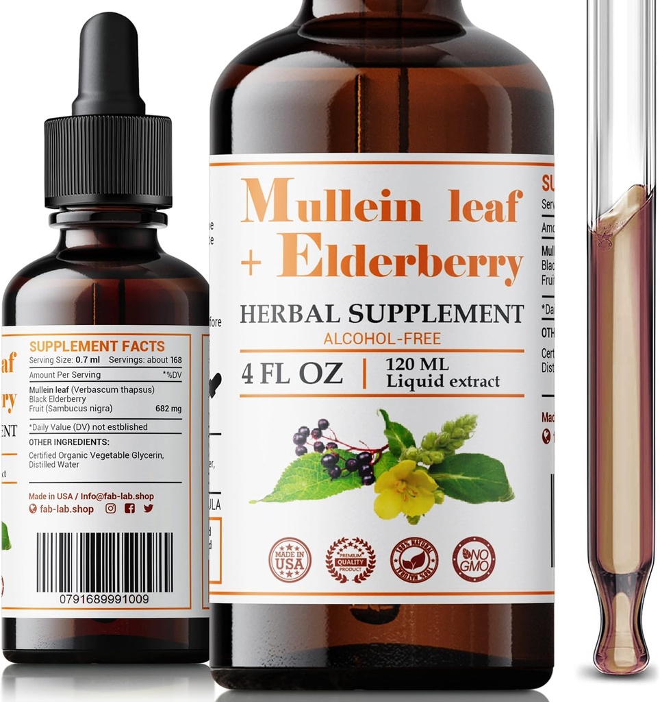 FabLab Mullein Leaf Extract met Vlierbes 4 Fl Oz - Made in USA - Drops for Better Lung - Mullein Tinctuur voor Lung Detox - Bronchial Cleanse voor Rokers - Respiratory Herbal Supplement