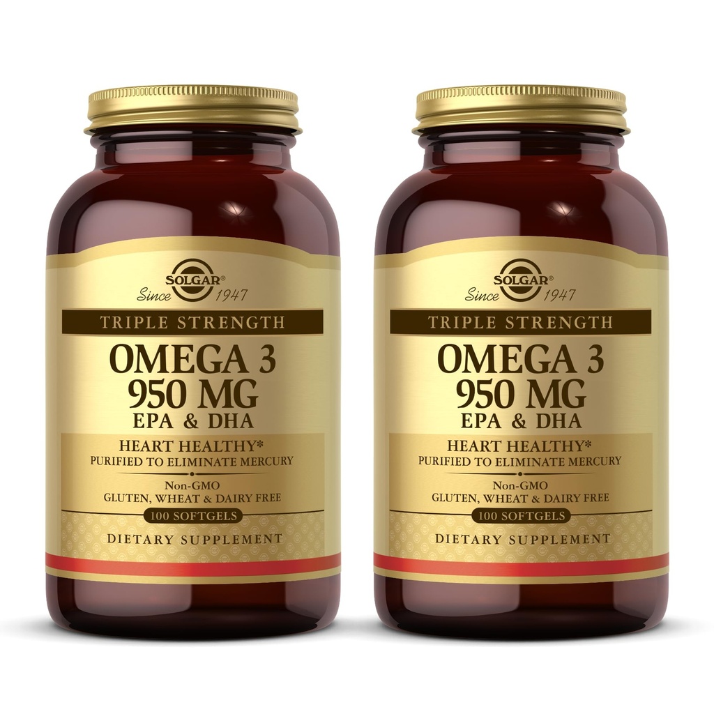Solgar Triple Strength Omega 3 950 mg - 100 Softgels, pack de 2 - Soutient la santé des articulations et de la peau - Non-OGM, sans gluten, sans produits laitiers - 200 portions totales