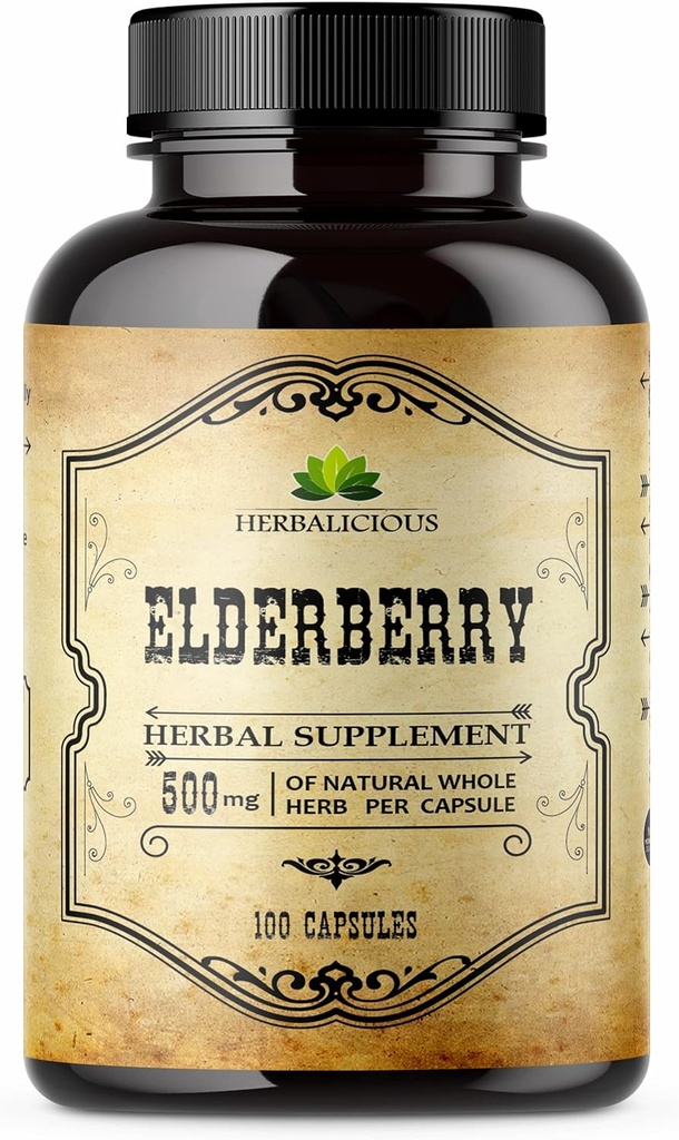 Capsules Elderberry – Supplément naturel à base de plantes d'Elderberry – Immune Boosters pour adultes, soutien digestif, antioxydants et vitamine C – Fibre-Rich, non-OGM – 100 capsules pour hommes et femmes