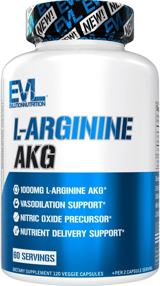Evlutie L-Arginine AKG - Vasodilatatie en Nutriënt Levering Ondersteuning - Nitric Oxide Precursor - 1000mg L-Arginine AKG - Glutenvrij & non-GMO - Dieetsupplement - 60 porties - 120 Veggie Capsules