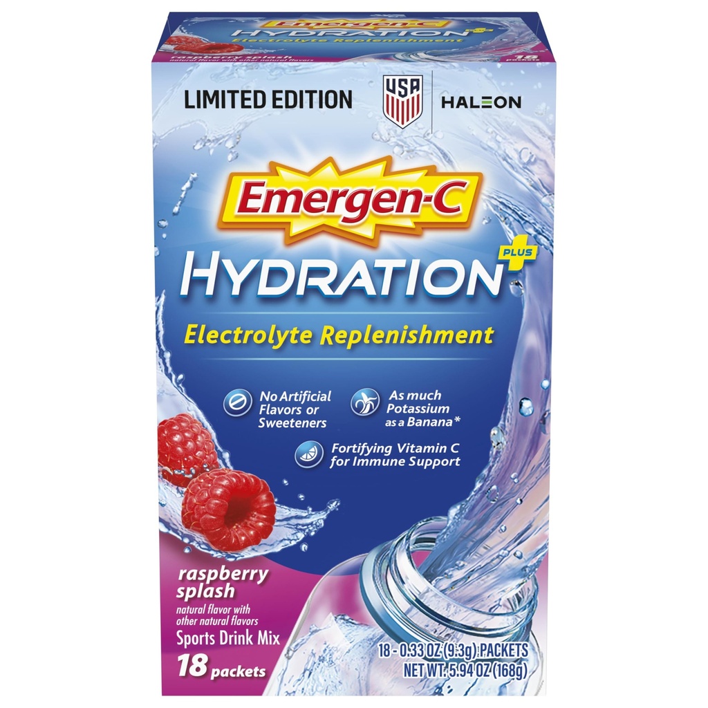 Emergen-C Hydration+ Sports Electrolyte Replacement Sports Drink Mix Powder with Vitamin C, Raspberry Splash Flavor, Back to School Essentials - 18 - 0.33 oz On The Go Packets