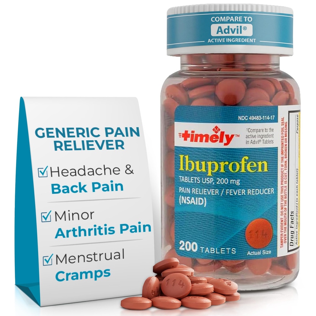 LABS TEMPORAIRE, INC. Ibuprofène en temps opportun 200mg 200 comprimés - (NSAID) Pilules de soulagement de la douleur pour maux de tête, douleurs menstruelles, douleurs de dents, douleurs musculaires, arthrite Douleur, douleurs corporelles