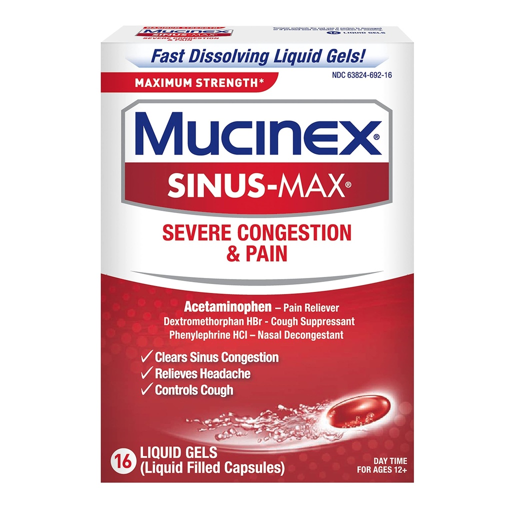 Mucinex Sinus-Max Max Sterkte Ernstige congestie & pijn Liquid Gels, 16ct