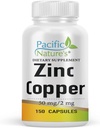 PACIFIC NATURE'S Zink Koper Supplement (150 capsules) met 50 mg zink Gluconaat, 2 mg kopersulfaat voor Immune Ondersteuning - Glutenvrij, Non-GMO