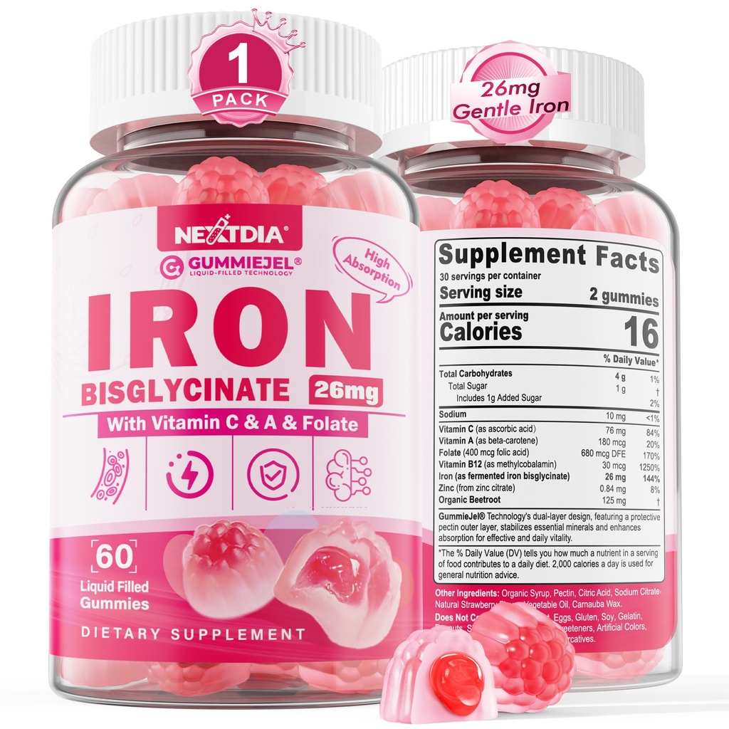 Iron Gummies for Women & Men - Iron Bisglycinaat with Vitamin C Folaat B12 Zink for Adults, Chewable Gentle Iron for Iron Deficency, Energy Boost, Non-Constipating & After Taste, Sugar-Free 1 Pack