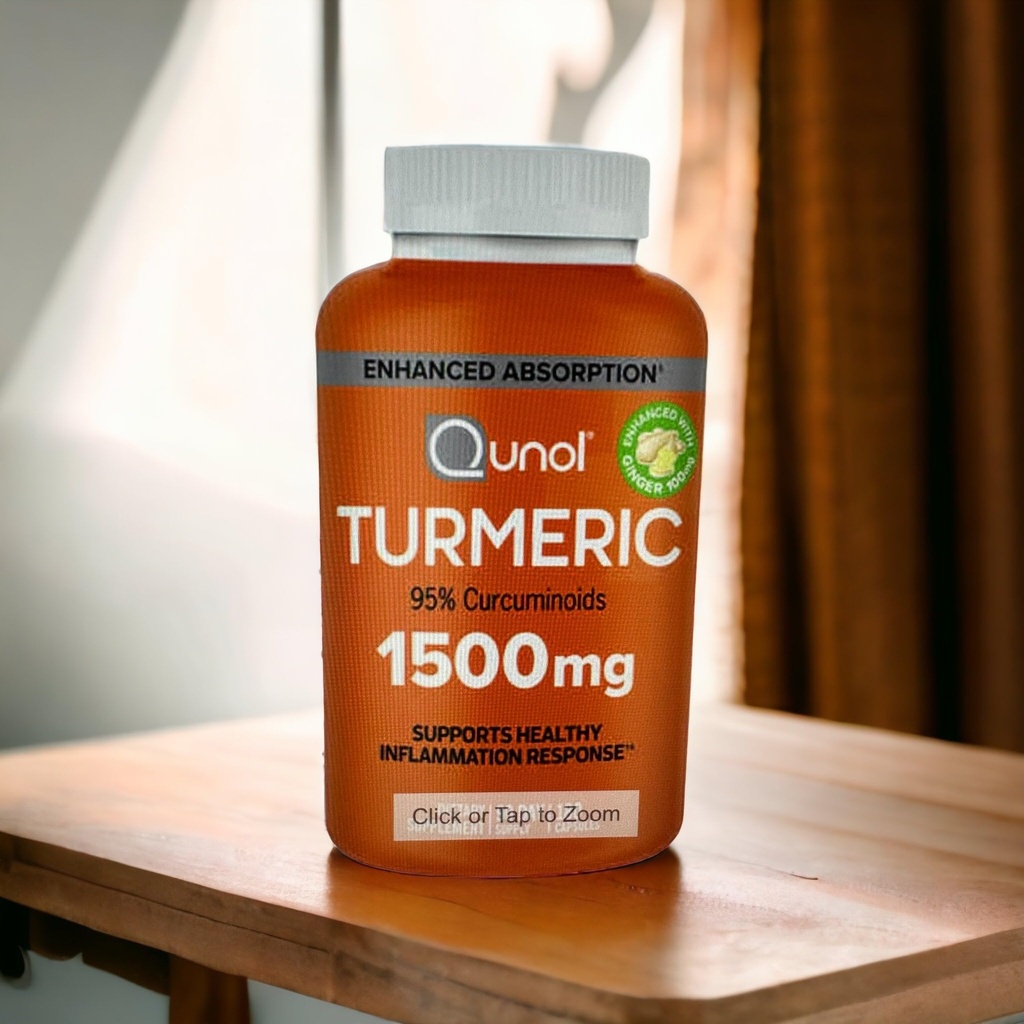 Kurkuma Curcumine met zwarte peper en gember, Qunol 1500mg Kurkuma Extract met 95% Curcuminoïden, Verbeterde Absorptie, Ondersteunt Gezonde Ontsteking Respons, 180 Vegetarische Capsules
