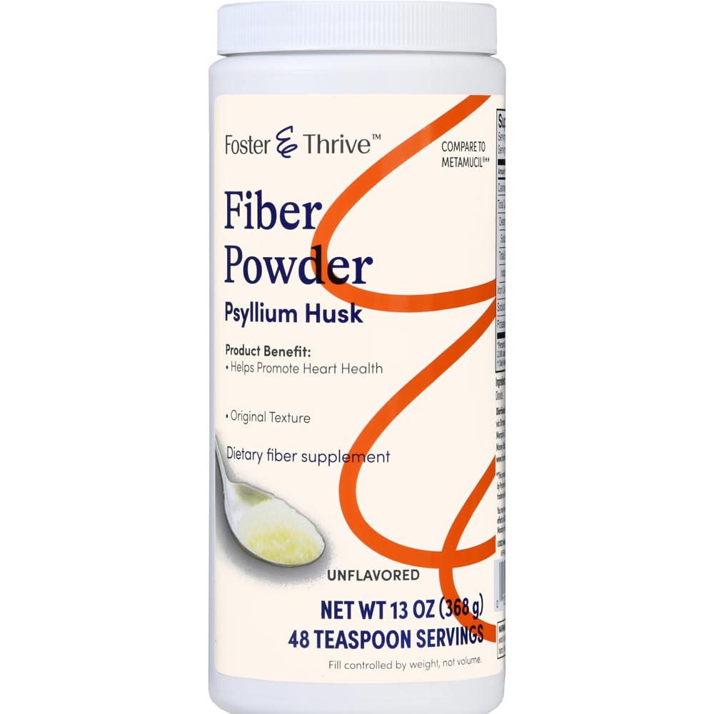 Supplément quotidien de poudre de pulpe de psyllium Foster & Thrive, fibre de 4 en 1 pour laxatif de santé digestive, soulage la constipation occasionnelle, sucré avec/réel sucre, saveur originale, 48 doses