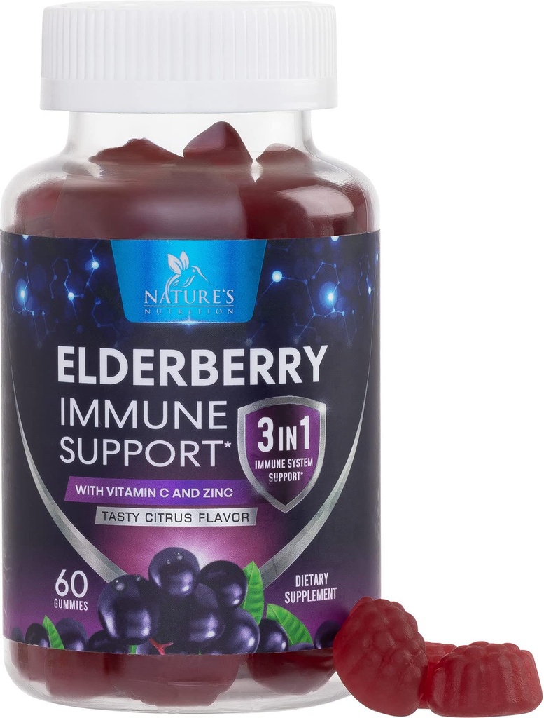 Vlierbessen Gummies met vitamine C, D3 en zink - Immune Support Gummy voor kinderen & volwassenen, Zwarte Vlierbessen Extract Gummy Immune Health Support Supplement, Zwarte Vlier Bessen Vitamine - 60 Gummies