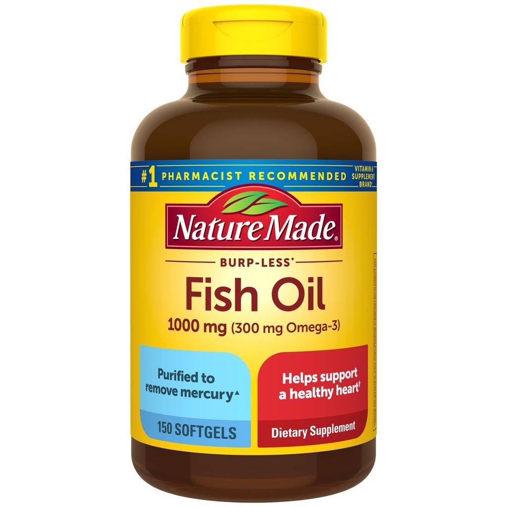 Nature Made Burp Minder Visolie Omega 3 Supplementen, 1000mg Softgels, Omega 3 Visolie Supplementen voor gezonde hartondersteuning, 150 Softgels, 75 dagen levering