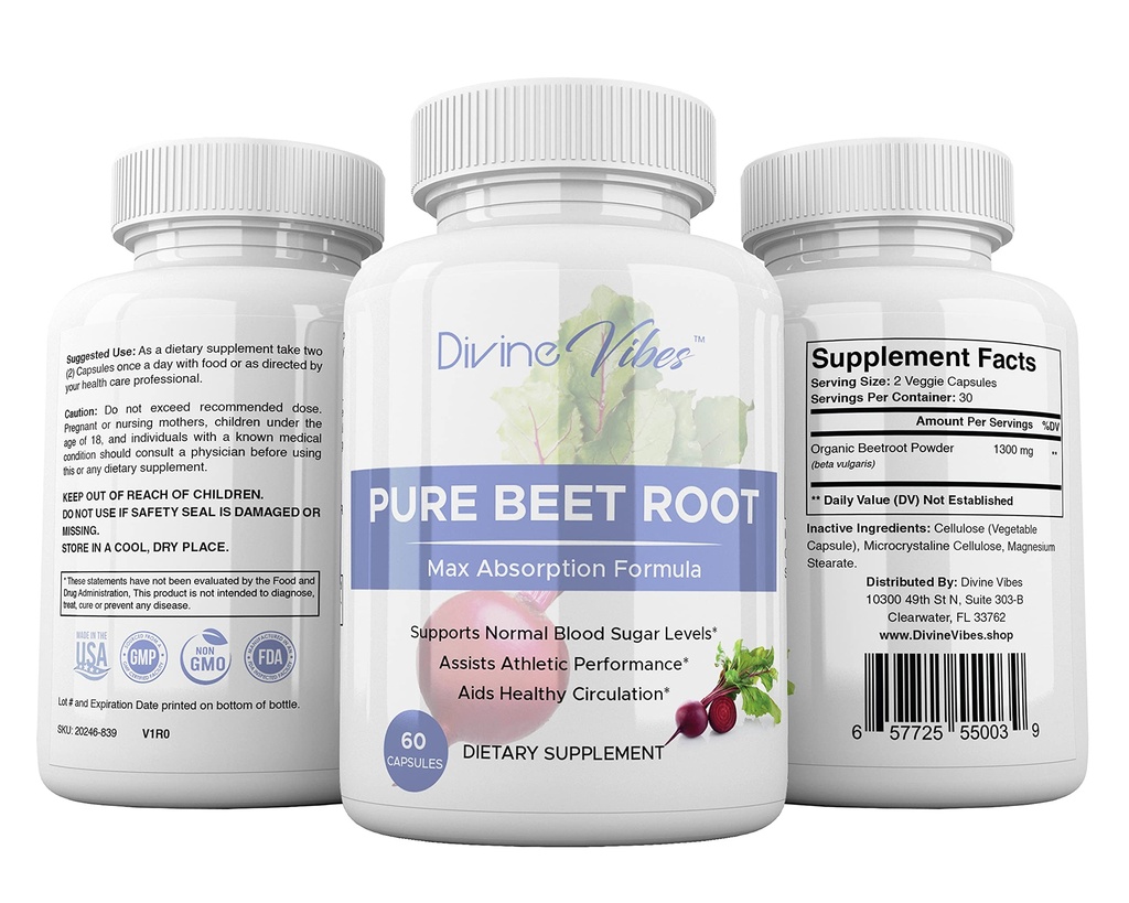 Beetwortelcapsules - 1300mg per portie - Beetwortelpoeder Capsules - Beetwortelpoeder Ondersteunt de bloeddruk, atletische prestaties, spijsvertering, immuunsysteem (Pure, non-GMO, glutenvrij)