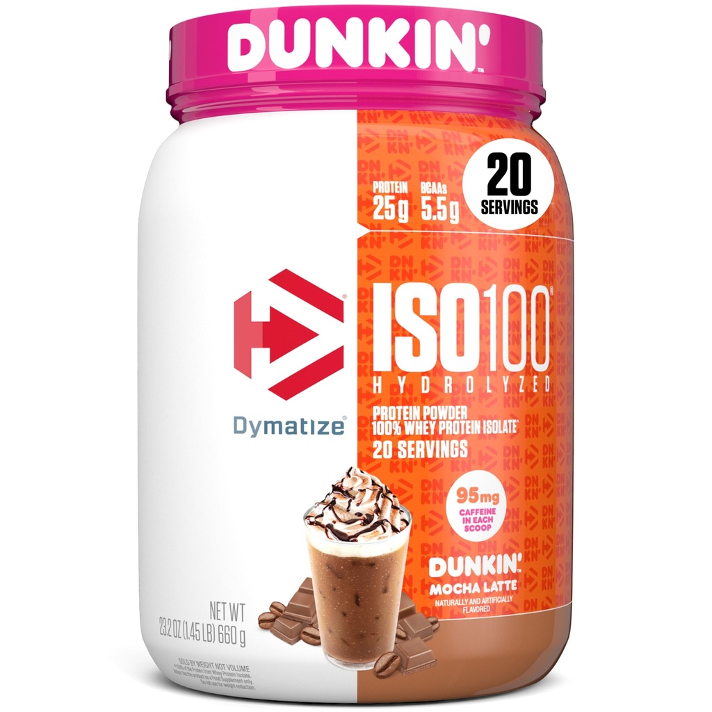Dymatize x Dunkin' Mocha Latte en poudre de protéines de lactosérum ISO100, 95 mg de caféine, 25g de protéines, 5,5g de BCAA, 120 Cal., sans gluten, 1g de gras, 1g de sucre, 3g de glucides (20 portions)