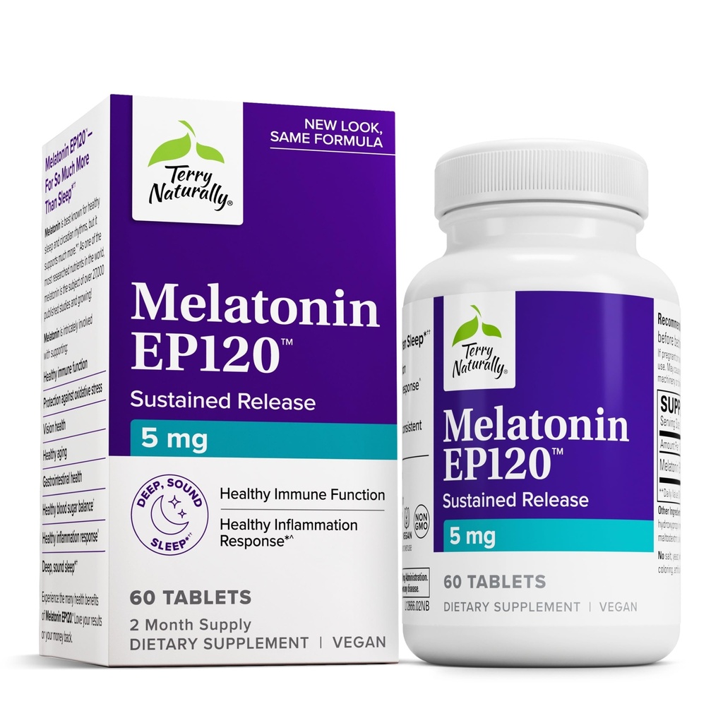 Terry naturellement Melatonine EP 120 5mg - Supplément de soutien au sommeil avec des antioxydants - Supplément sans gluten pour un sommeil sain - Supplément alimentaire pour aider le vieillissement en santé et la santé immunitaire - 60 comprimés