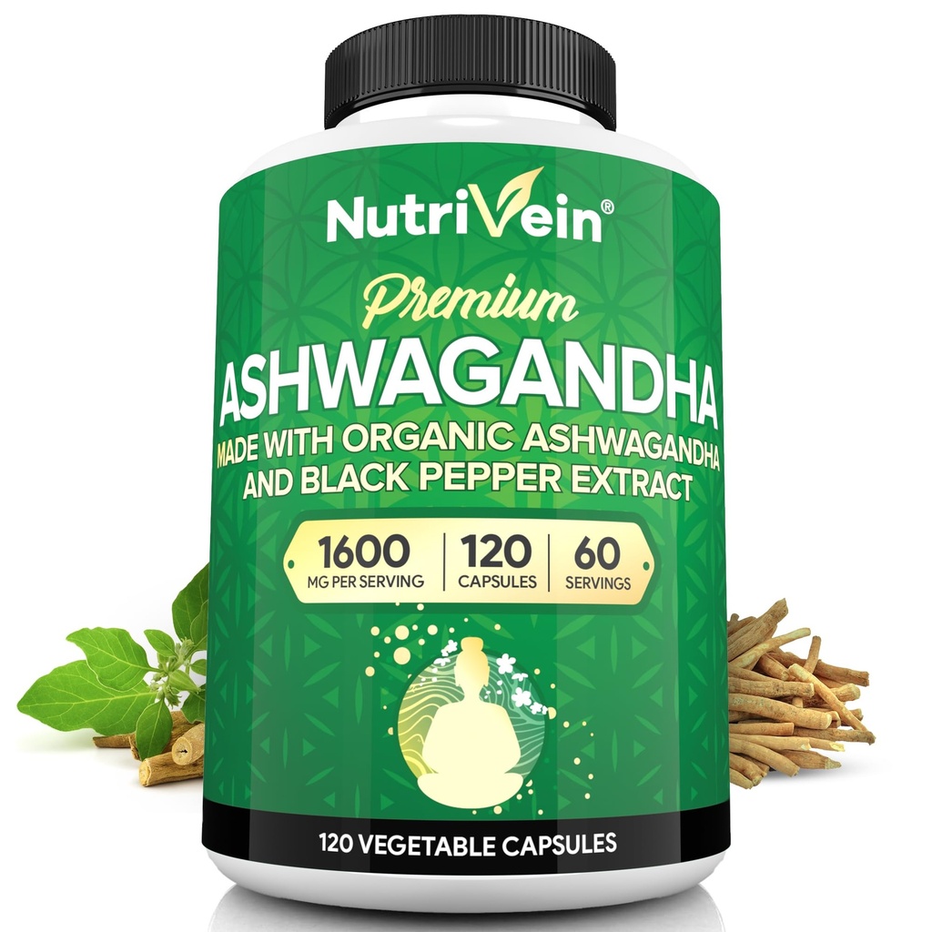 Nutrivein Ashwagandha pour les hommes et les femmes - 1600mg - Enhanced with Black Pepper - Suppléments de poudre de racine à haute absorption Ashwagandha pour équilibre d'humeur, sommeil reposé et focus - 120 Capsules Vegan