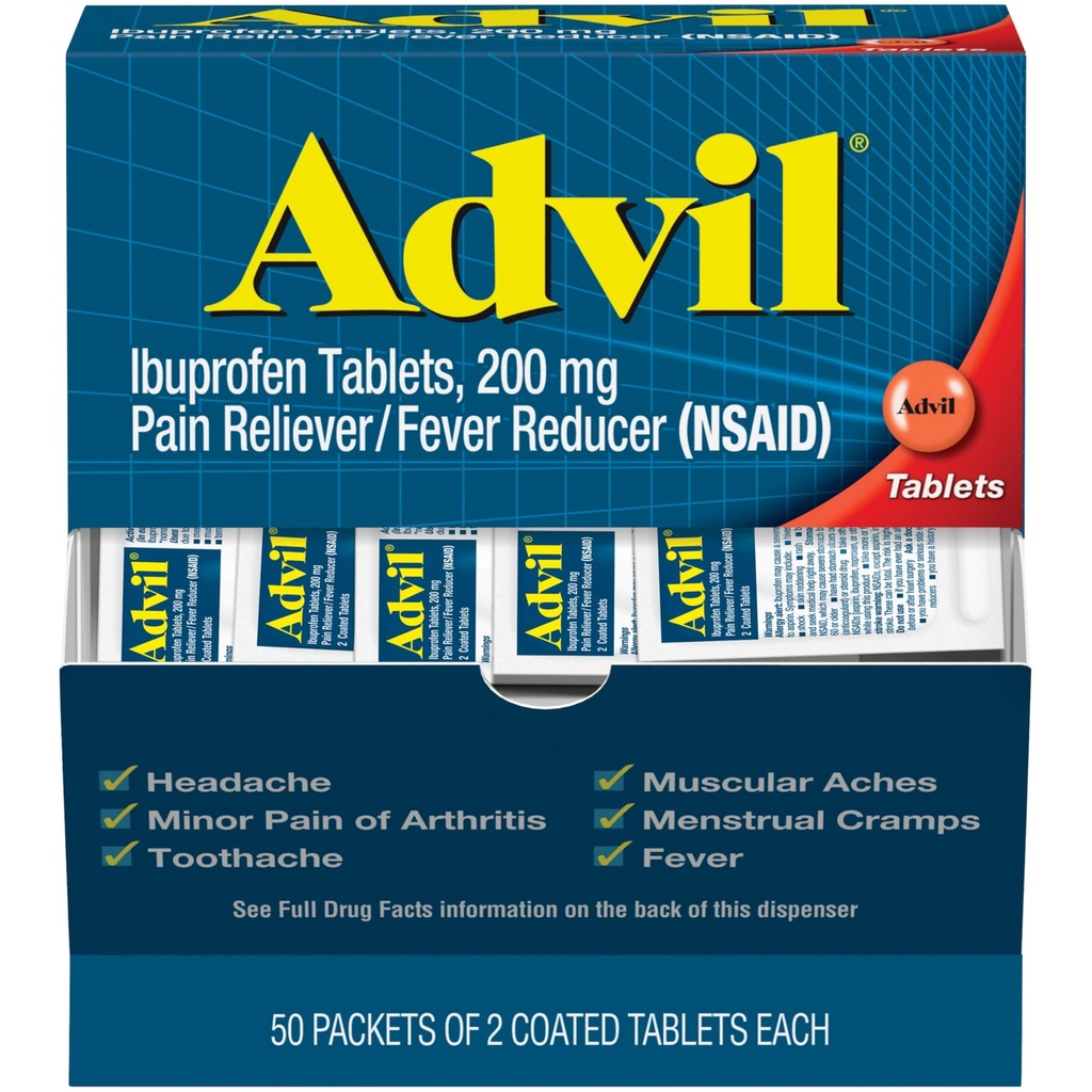 Réducteur de douleur advil et réducteur de fièvre, anti-douleur avec Ibuprofène 200mg pour les maux de tête, les maux de dos, les douleurs menstruelles et les douleurs articulaires - 50x2 comprimés enduits