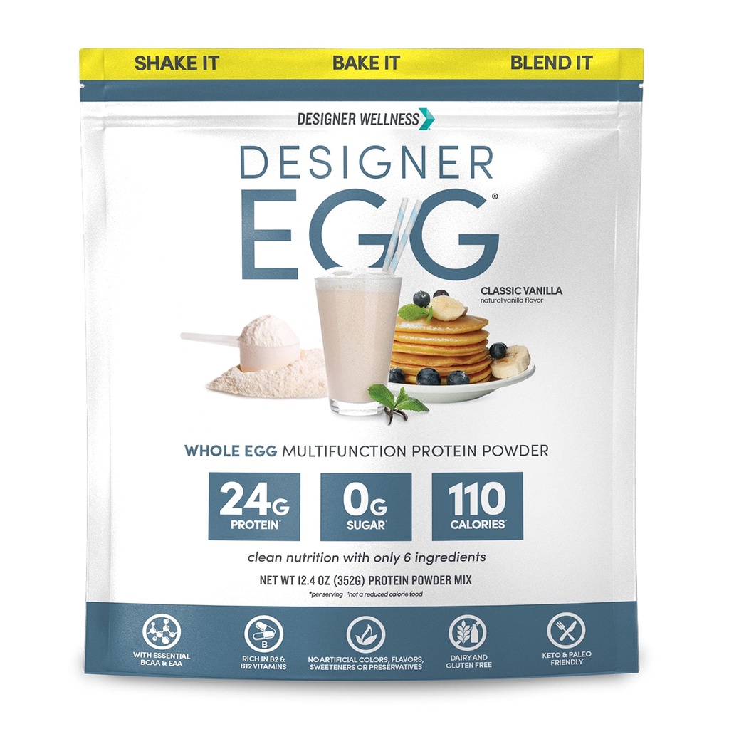 Designer Wellness, Designer Egg, Natural Egg Yolk & Egg White Protein Powder, Keto and Paleo Friendly, Low Calorie, Moins de gras et de cholestérol, Classic Vanilla, 12.4 Ounce