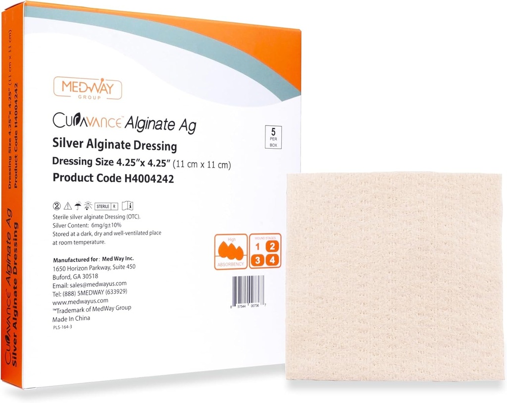 MedVance MedHeal Silver Calcium Alginate Ag Steriele Zeer Absorberende Dressing, (4.25" x 4.25) 5 dressings/Box, 5 Count (Pack of 1)