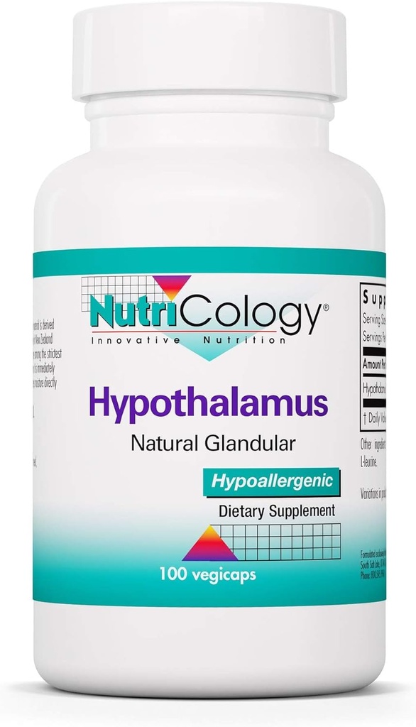 Nutricology Hypothalamus Supplement - Endocriene Ondersteuning, Natuurlijke Glandular, 500mg Adrenal Support, Adrenal Pituitary, Adrenal Gland Function, Bovine, Lyophilized, Vegicaps - 100 Tel.