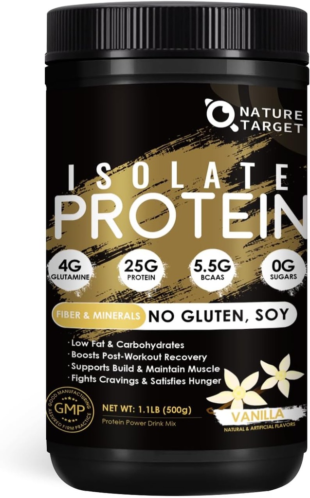 NATURE TARGET Isolate Wei Proteïne Poeder Vanille, 25g Proteïne Low Carb Suikervrij en Glutenvrij, 5.5g BCAA's, rijk aan vezels en mineralen, 1,1 pond, 16 porties