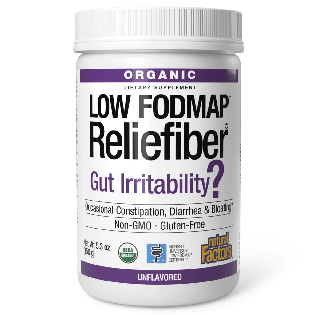 Natuurlijke factoren Biologische Low FODMAP Reliefiber Powder - Digestive Health Support Supplement met Dieet en Oplosbare Vezel - Gut Health Support Aids Mild Bloating - Unflavored, 150 g (30 Servings)