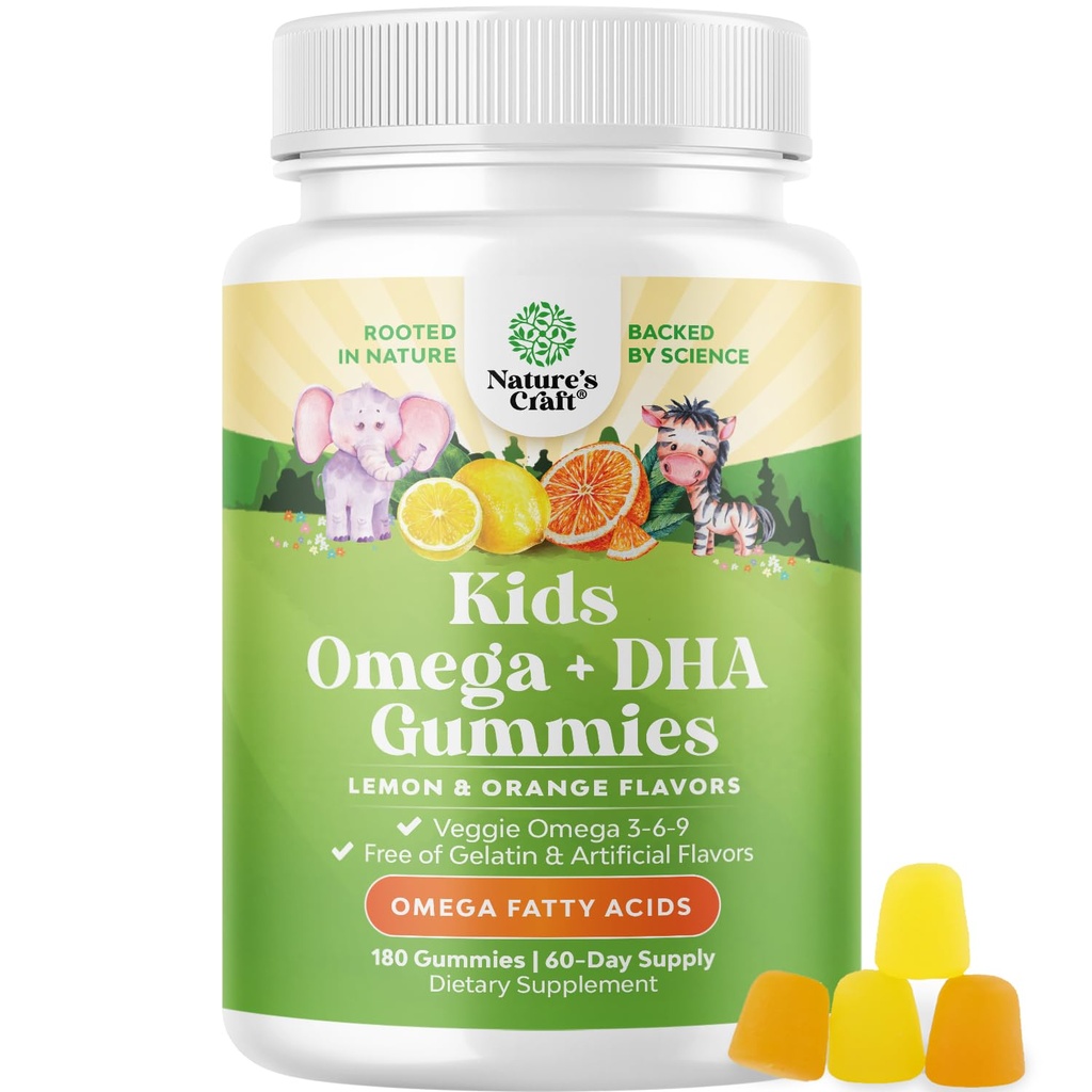 Omega DHA Gummies for Kids - Fatty Acids Omega 3 6 9 met vitamine C voor hersenen, immuniteit en visie - Nutritional DHA for Kids for Healthy Nervous System & Focus Support - Fish Free & Vegan - 180 Kauwen