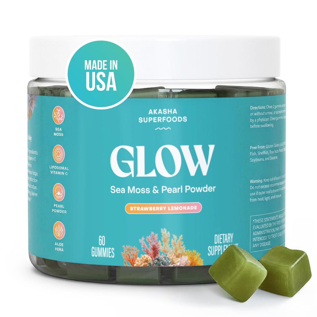 Akasha Superfoods Sea Moss Glow Gummies, Hair, Skin & Nails Vitamins with Seamoss, Pearl Powder, Vitamin E, Aloe Vera, Liposomal Vitamin C, and Irish Sea Moss, Gummies for Women & Men, 60 Count