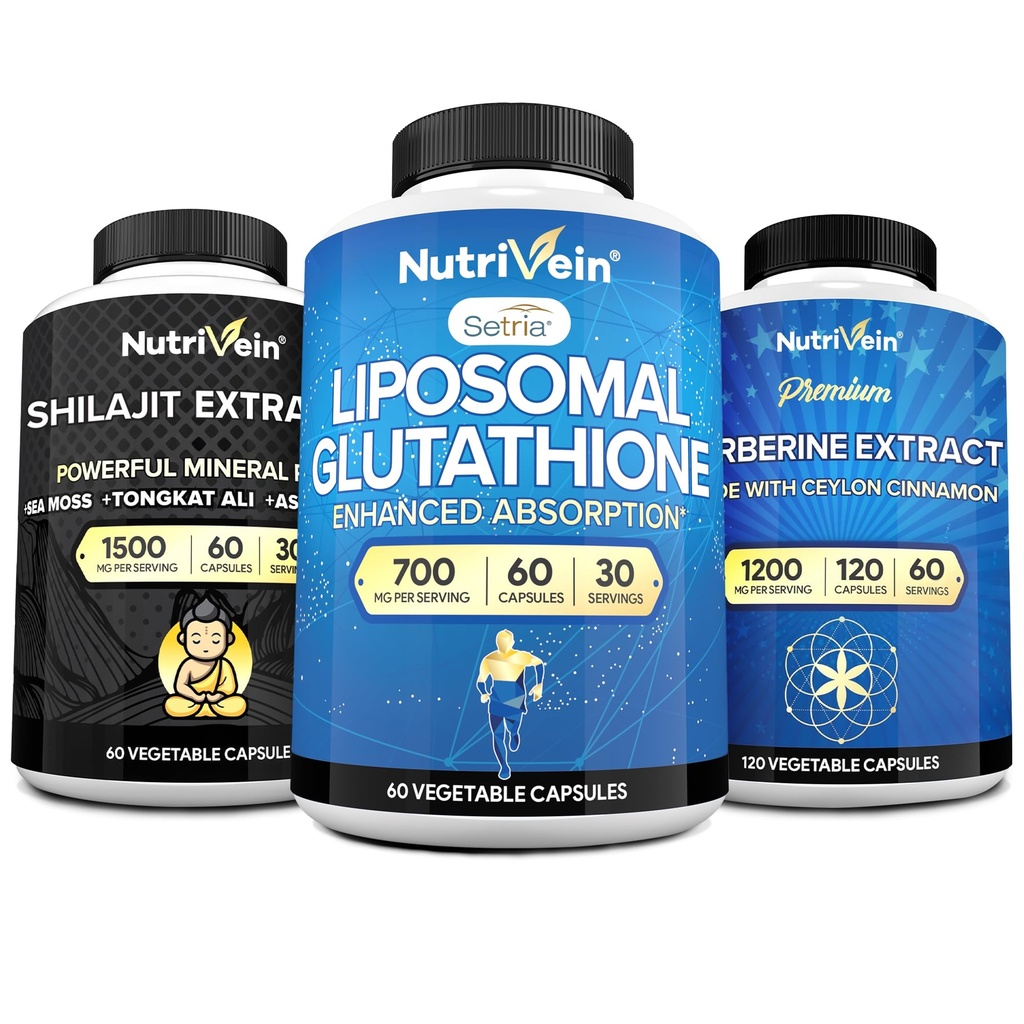 Nutrivein Premium Shilajit Capsules, supplément de glutathion liposomique et supplément berbérique: Berberine, glutathion, et Shilajit Capsules pour hommes et femmes - Métabolisme, vitalité et équilibre
