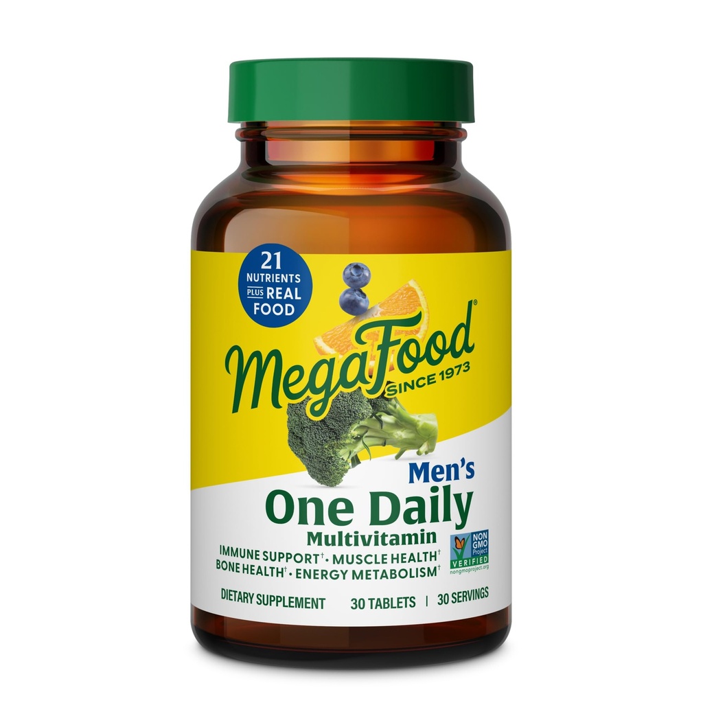Multivitamines pour hommes MegaFood One Daily Mens - Multivitamine pour hommes - Vitamine C, Vitamine D3 et Vitamine B12 - Muscle, Énergie Métabolisme et Immune Support - Végétarien, Sans gluten - 30 comprimés, 30 portions