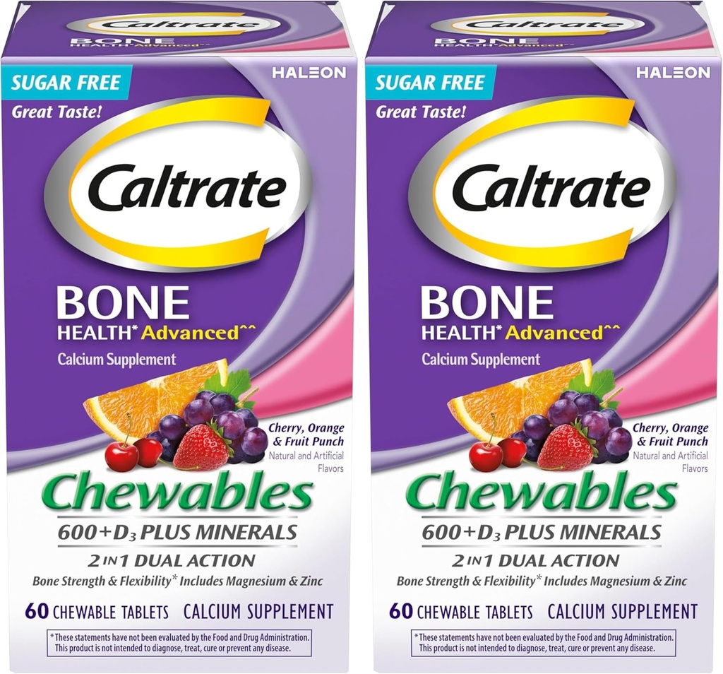 Caltrate Chewables 600 Plus D3 Plus Minerals Calcium Vitamin D Supplement, Cherry, Orange and Fruit Punch - 60 Count (Pack of 2)