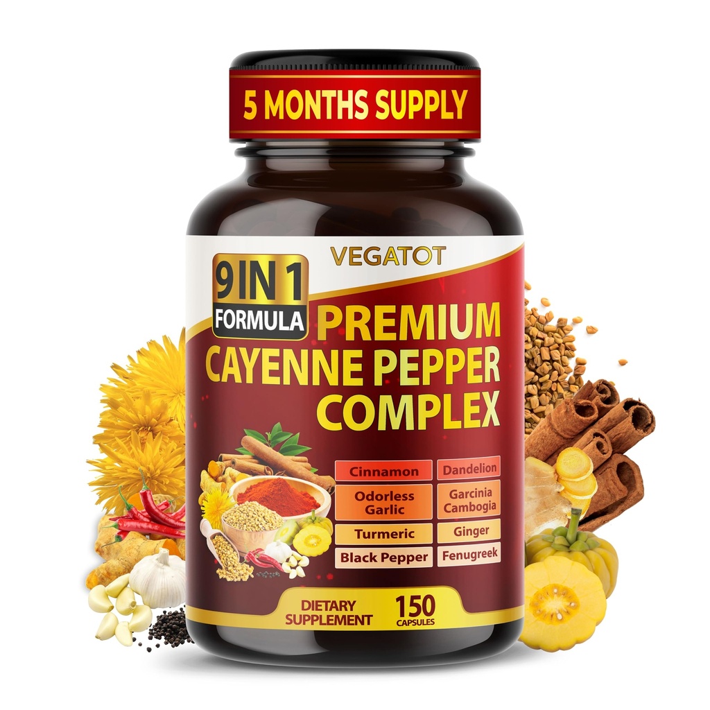 Complexe bio Cayenne Pepper 9IN1 avec cannelle, gingembre, curcuma pour la santé globale, système immunitaire, bien-être digestif (150 comte (paquet de 1))