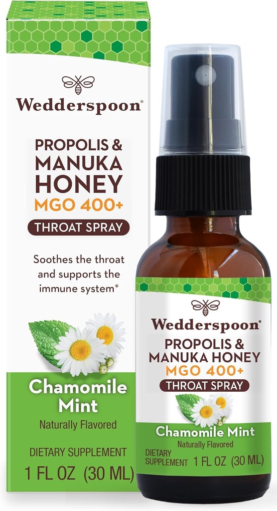 Wedderspoon Propolis en Manuka Honey Throat Spray, kamille & Mint, 1 Fl Oz (pakket van 1), Sore Throat Relief, Natural Immune Support