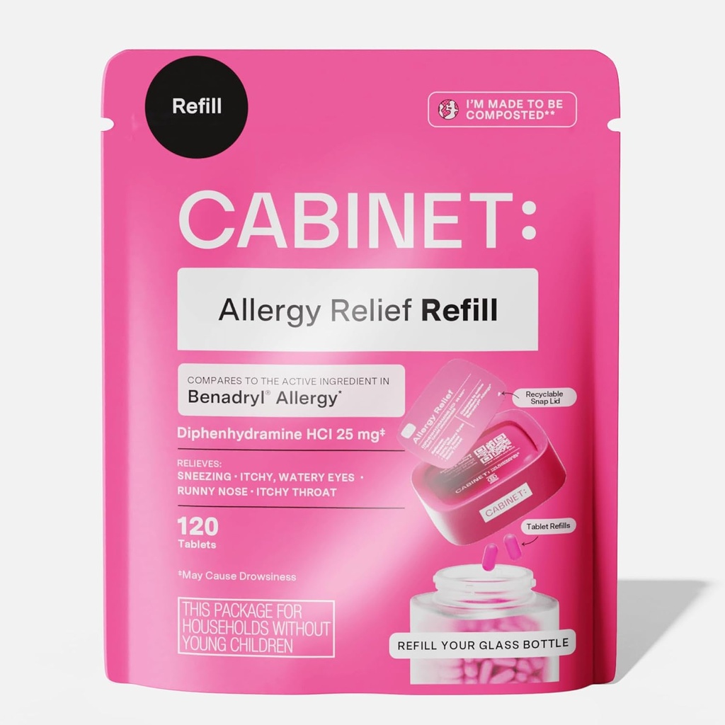 Kabinet: Difenhydramine 25mg Allergie Relief Antihistamin tabletten voor Allergieën, Hay Koorts, en Runny Neus, 120 tabletten (Refill Pouch)