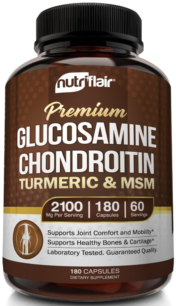 NutriFlair Glucosamine Chondroïtine Turmeric MSM Boswellia, 180 Capsules - Supplément Confort articulaire - Naturel & non-OGM - Pilules antioxydantes - Supports dos, genou, mains, articulations, cartilage