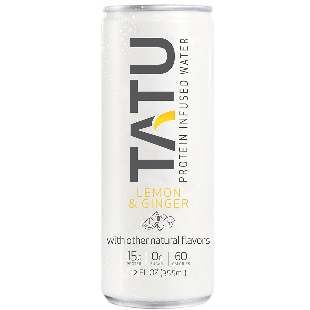 TATU Ready-To-Drink Protein Infunded Water Lemon Ginger 24 Pack. 15 gram wei-eiwitisolaat, 0 gram suiker, slechts 60 calorieën. Lemon Ginger en Orange Mango. Glutenvrij, lactosevrij.