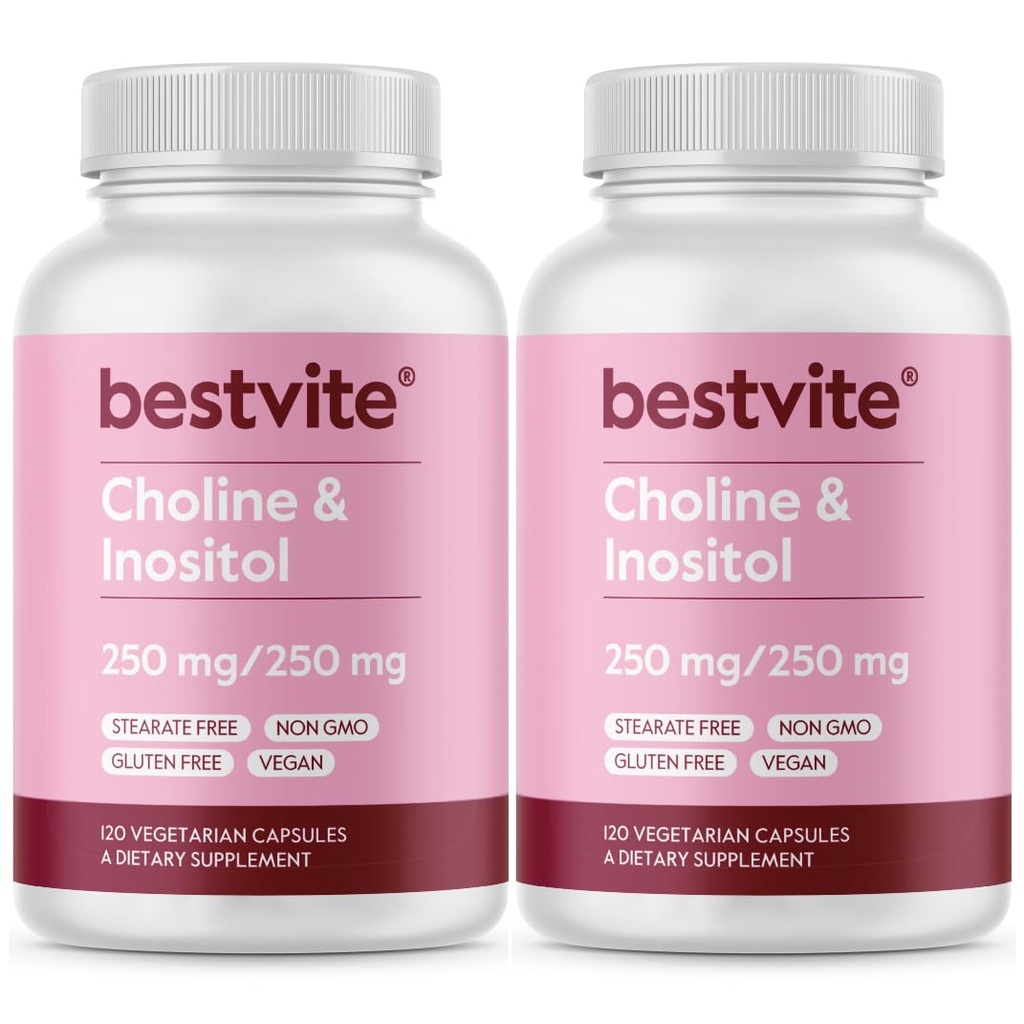 BESTVITE Choline Inositol 500mg (240 Vegetarische Capsules) (120 x 2) - Geen Stearates - Geen Dicalcium Fosfaat - Geen Fillers - Vegan - Niet GGO - Glutenvrij