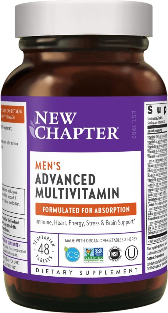Nieuw Hoofdstuk Mannen Multivitamine, Elke Man, Gefermenteerd met Probiotica + Selenium + B Vitaminen + Vitamine D3 + Biologische Niet-GMO Ingrediënten - 48 kt (Verpakking mei Vary)
