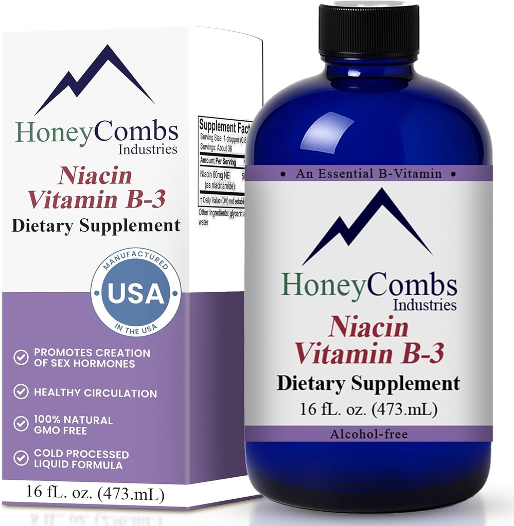 HoneyCombs Vitamine B3 Niacin Supplement Liquid Drops - High Potency Vitamine B3 Liquid Drops for Men & Women - Maintain Digestive System, Skin, Tong, Energy and More - Vegan Niacin Drop (16 Fl oz)