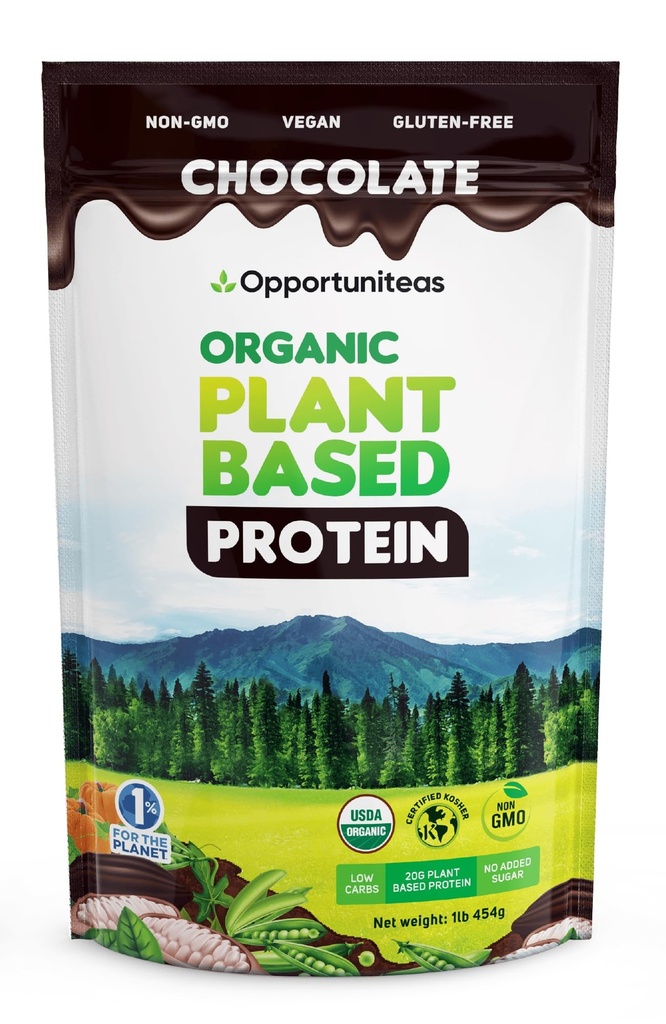 Opportuniteas Organic Plant Based Protein Powder, 20g Vegan Protein from Pea, Pumpkin, and Rice, No Sugar, Non-GMO, Gluten-Free, Romige Chocolade, 1 lb